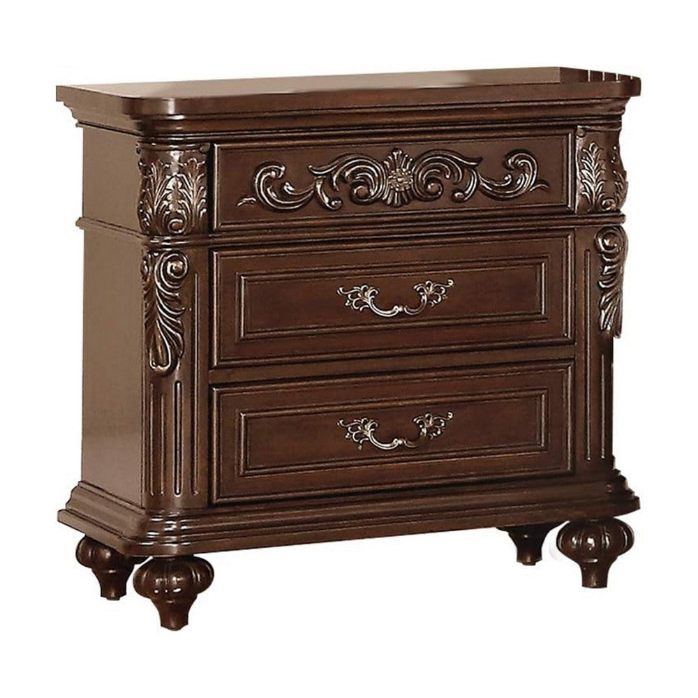 30 Inches 3 Drawer Engraved Wooden Nightstand Brown By Casagear Home BM232130