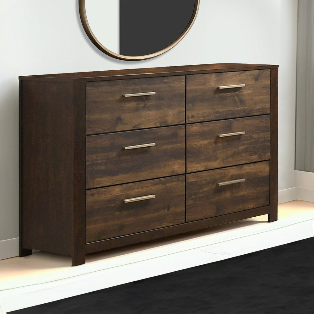 58 Inches 6 Drawer Wooden Dresser with Grains Rustic Brown By Casagear Home BM232620