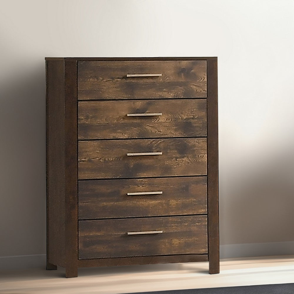 48 Inches 5 Drawer Wooden Chest with Grains Rustic Brown By Casagear Home BM232621