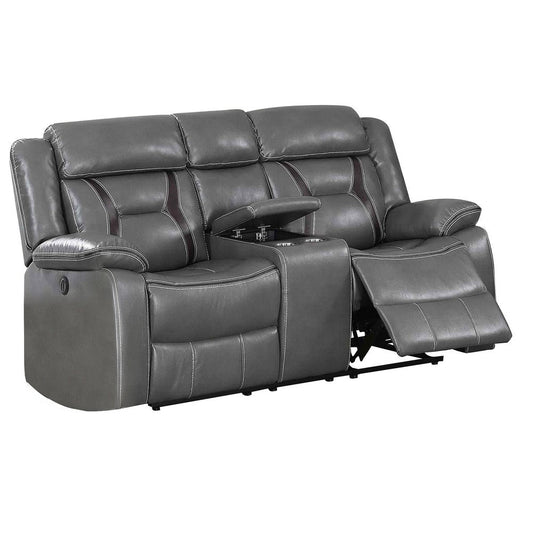 Contrast Stitched Leatherette Power Motion Loveseat with Console, Gray By Casagear Home