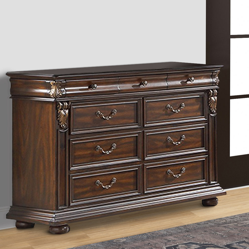 9 Drawer Wooden Dresser with Molded and Carved Details Brown By Casagear Home BM232650