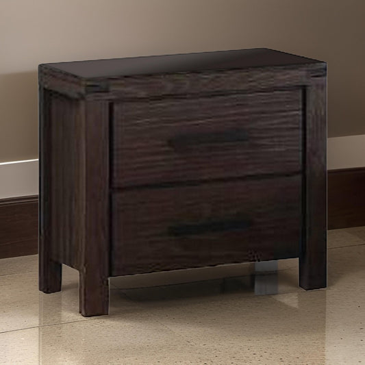 Wooden Nightstand with Metal Bar Handles and Two Drawers, Dark Brown By Casagear Home