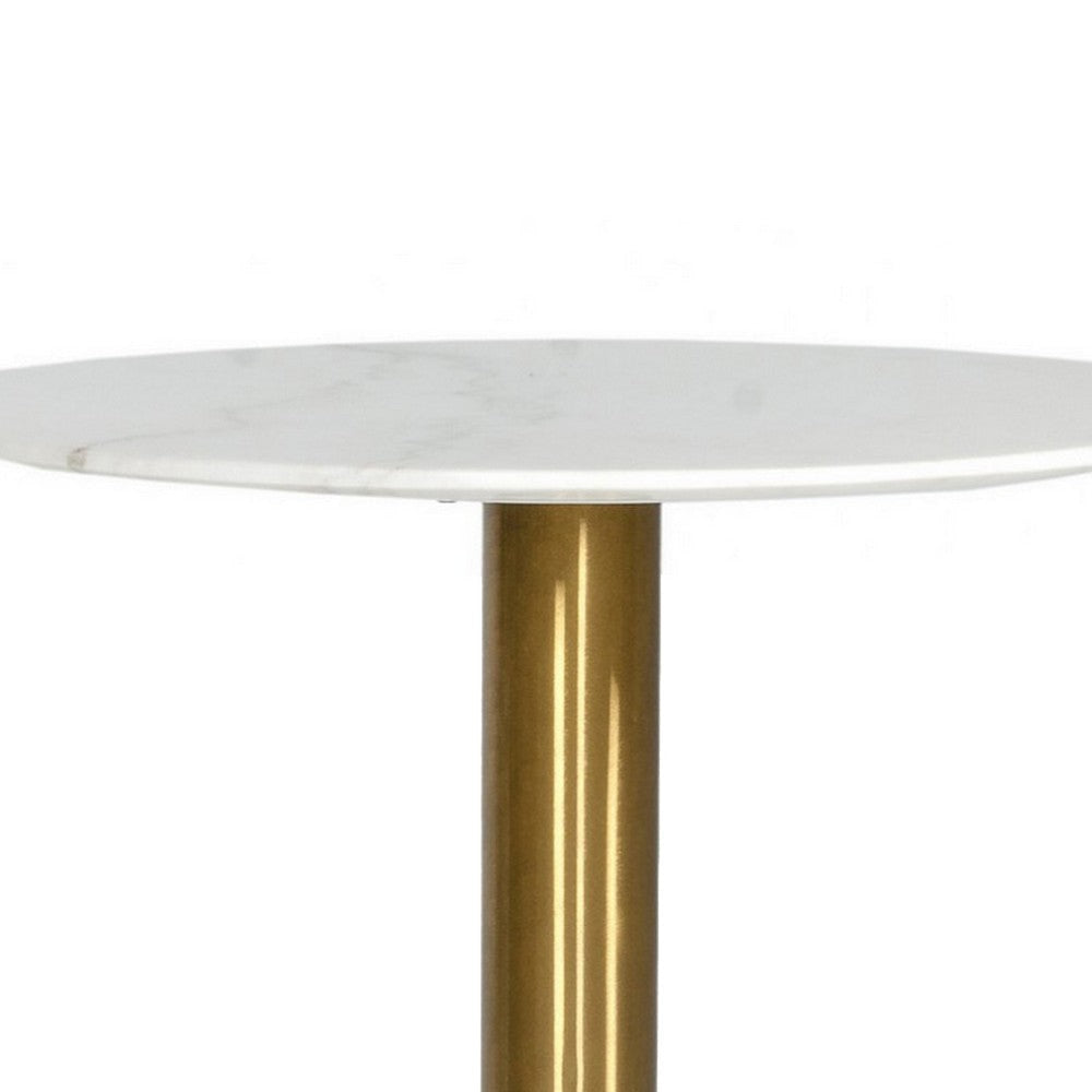 20 Inch Marble Top Bar Table with Pedestal Base White and Gold By Casagear Home BM232753