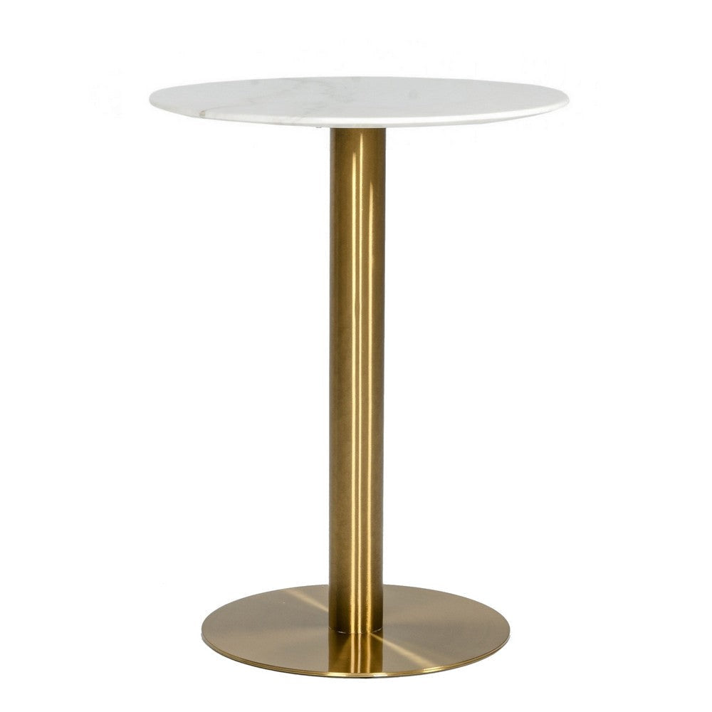 20 Inch Marble Top Bar Table with Pedestal Base, White and Gold By Casagear Home