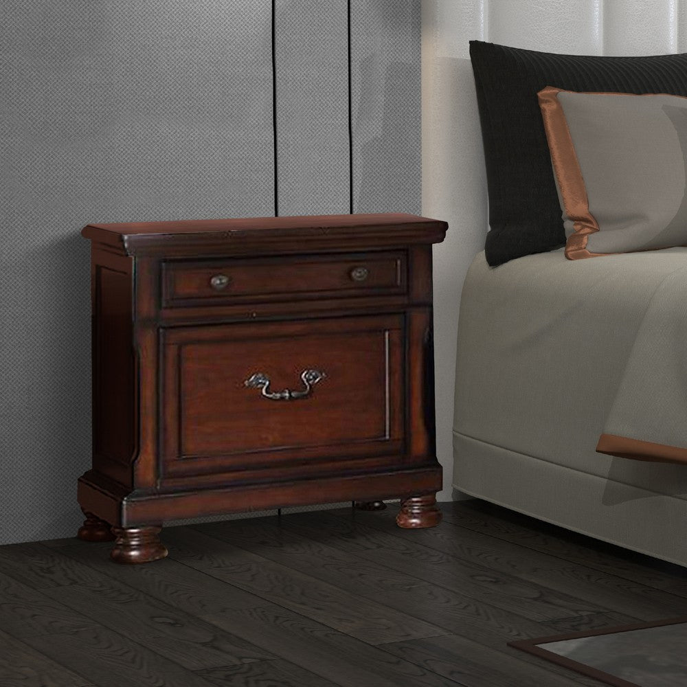 Two Drawers Wooden Nightstand with Bun Feet, Brown By Casagear Home