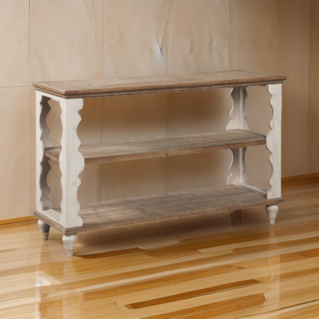 Traditional Style Console Sofa Table with Scalloped Design, White and Brown By Casagear Home