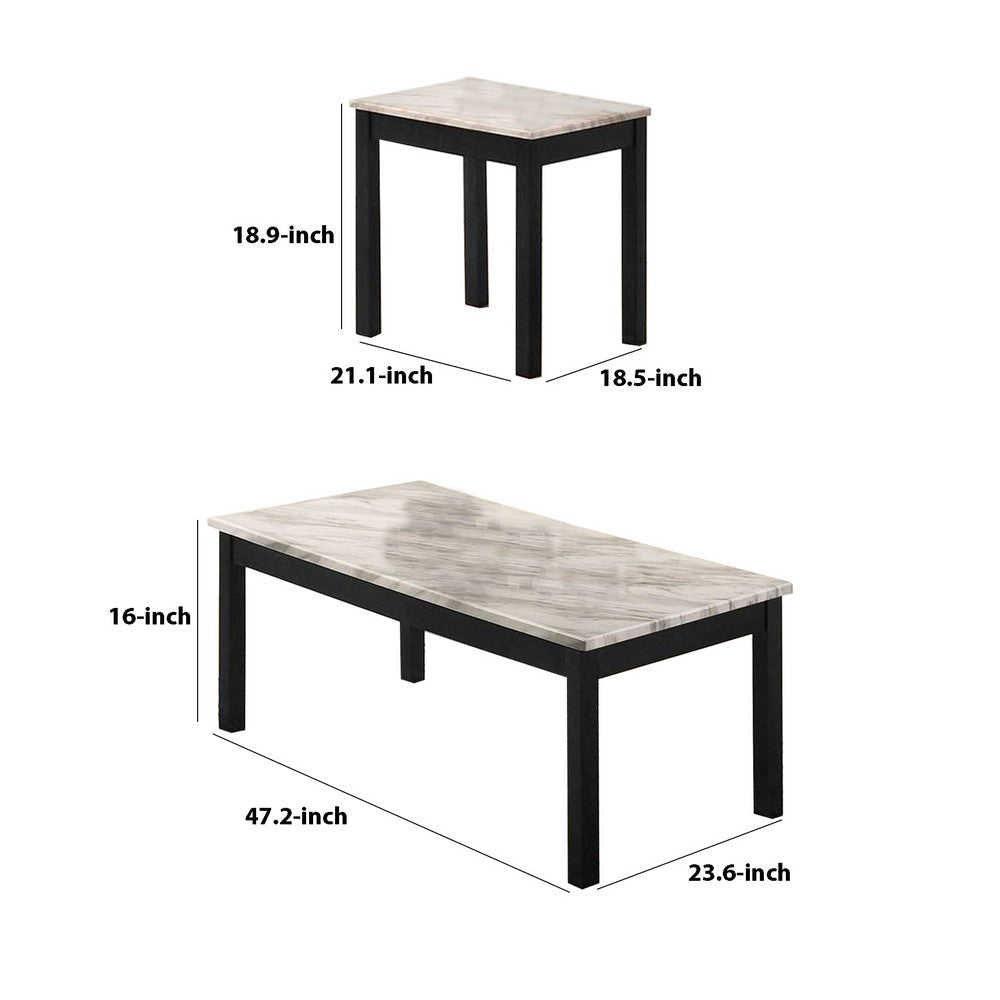 3 Piece Coffee Table and End Table with Faux Marble Top Black and White By Casagear Home BM233097