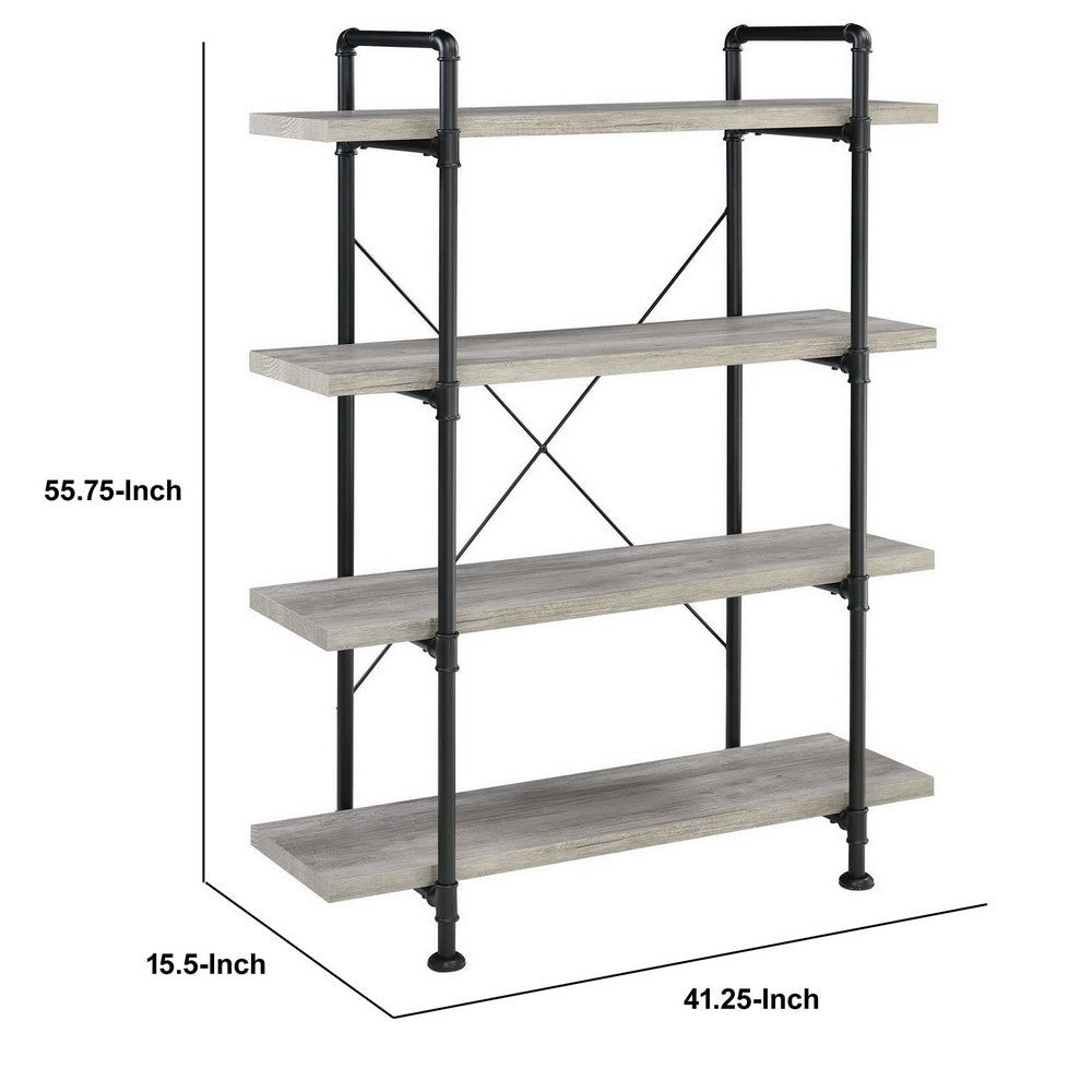 56 Inch 4 Tier Metal and Wooden Bookcase Black and Gray By Casagear Home BM233213