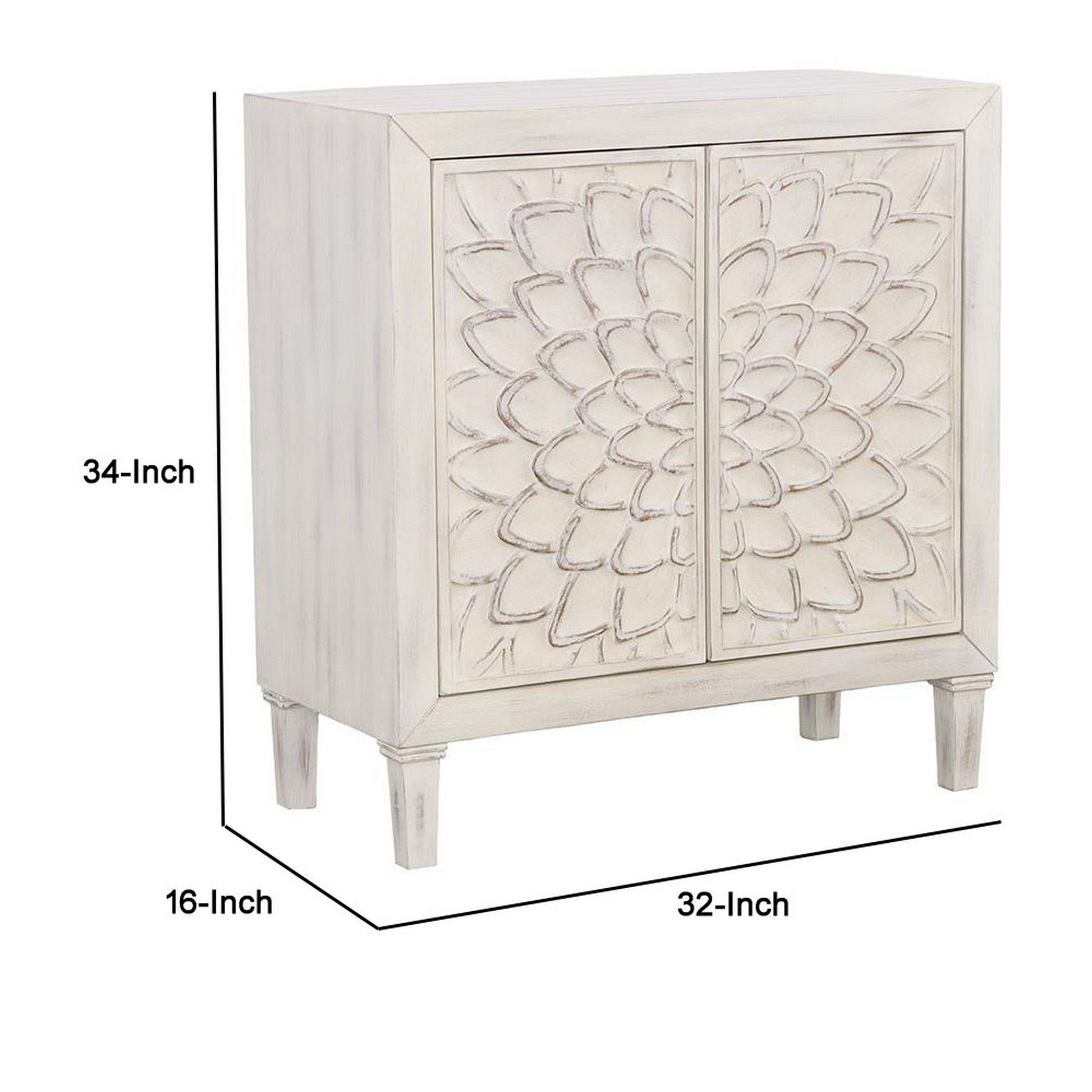 2 Door Wooden Accent Cabinet with Floral Carving Distressed Whitewash By Casagear Home BM233234