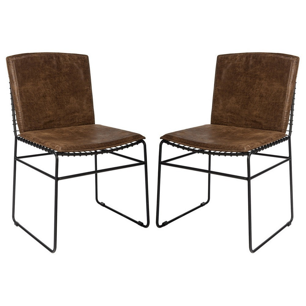 Grid Metal Leatherette Side Chairs with Sled Base, Set of 2, Brown and Black By Casagear Home