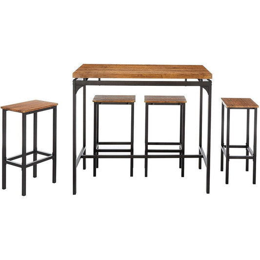 5 Piece Wooden Bar Table and Bar Stools with Metal Legs, Brown and Black By Casagear Home