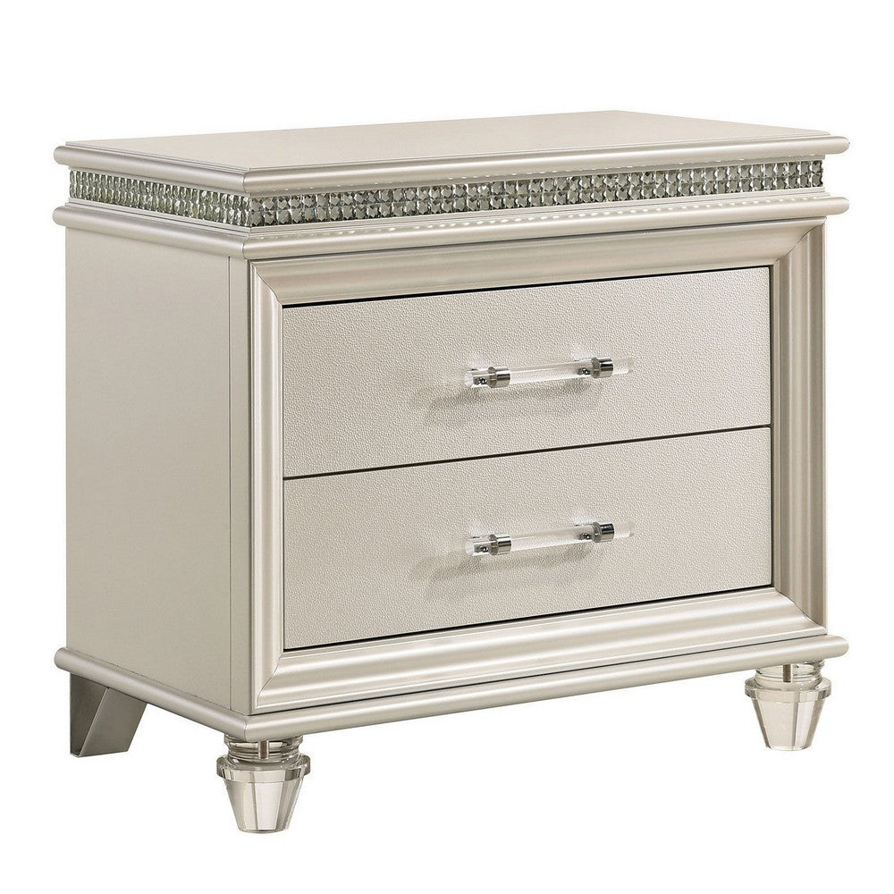 2 Drawer Nightstand with Acrylic Feet and Crystal Accents Silver By Casagear Home BM233784