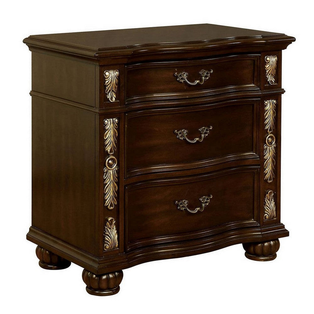 3 Drawer Wooden Nightstand with Decorative Accent and USB Plugin Brown By Casagear Home BM233789