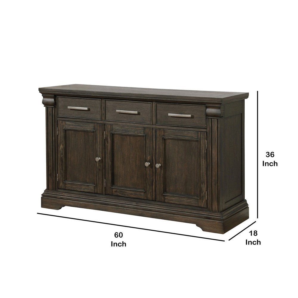 60 Inches 3 Drawer Wooden Server with 3 Doors Brown By Casagear Home BM233807