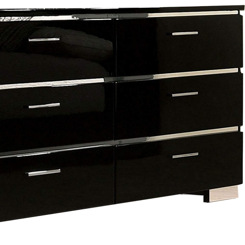 63 Inches 6 Drawer Dresser with Metal Legs Black and Chrome By Casagear Home BM233810