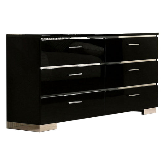 63 Inches 6 Drawer Dresser with Metal Legs, Black and Chrome By Casagear Home