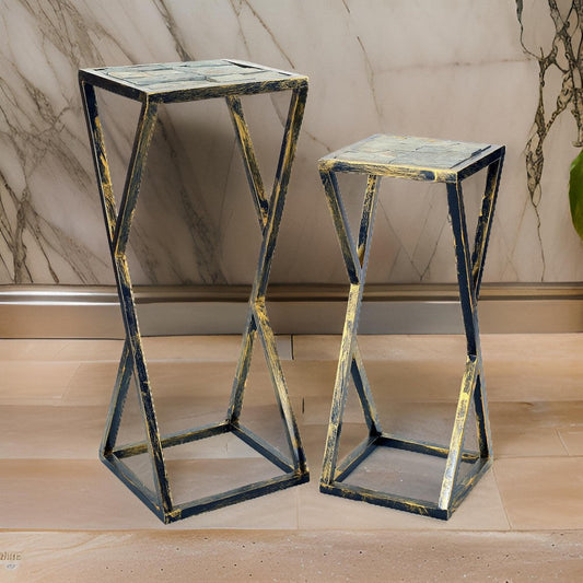 Stone Top Plant Stand with Geometric Base, Set of 2, Black and Gray By Casagear Home