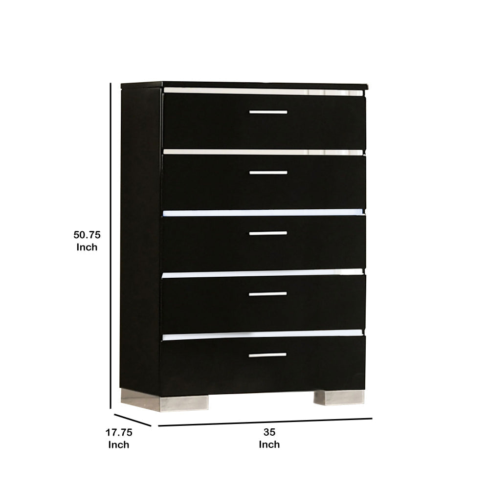 High Gloss Lacquer Coated 5 Drawer Chest with Bracket Feet,Black and Chrome By Casagear Home BM233971