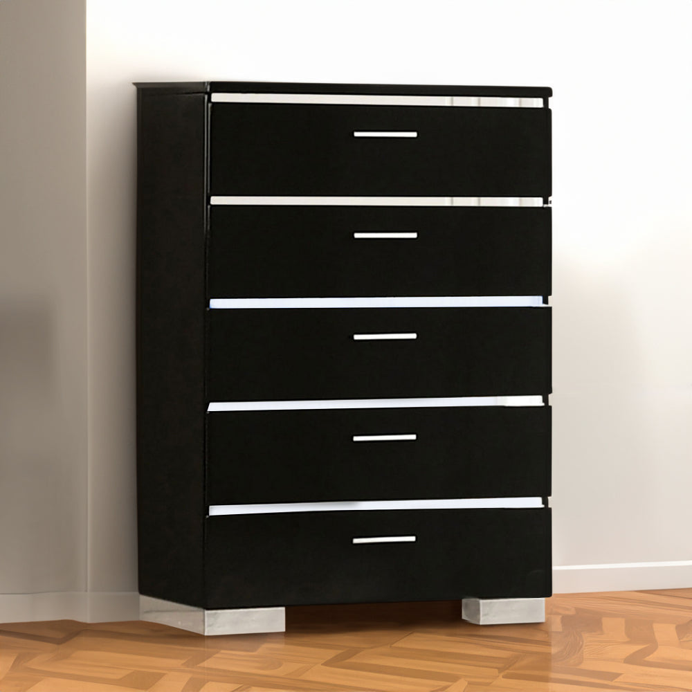 High Gloss Lacquer Coated 5 Drawer Chest with Bracket Feet,Black and Chrome By Casagear Home BM233971