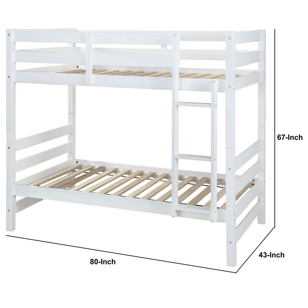 Wooden Twin Over Twin Bunk Bed with Attached Ladder White By Casagear Home BM235360