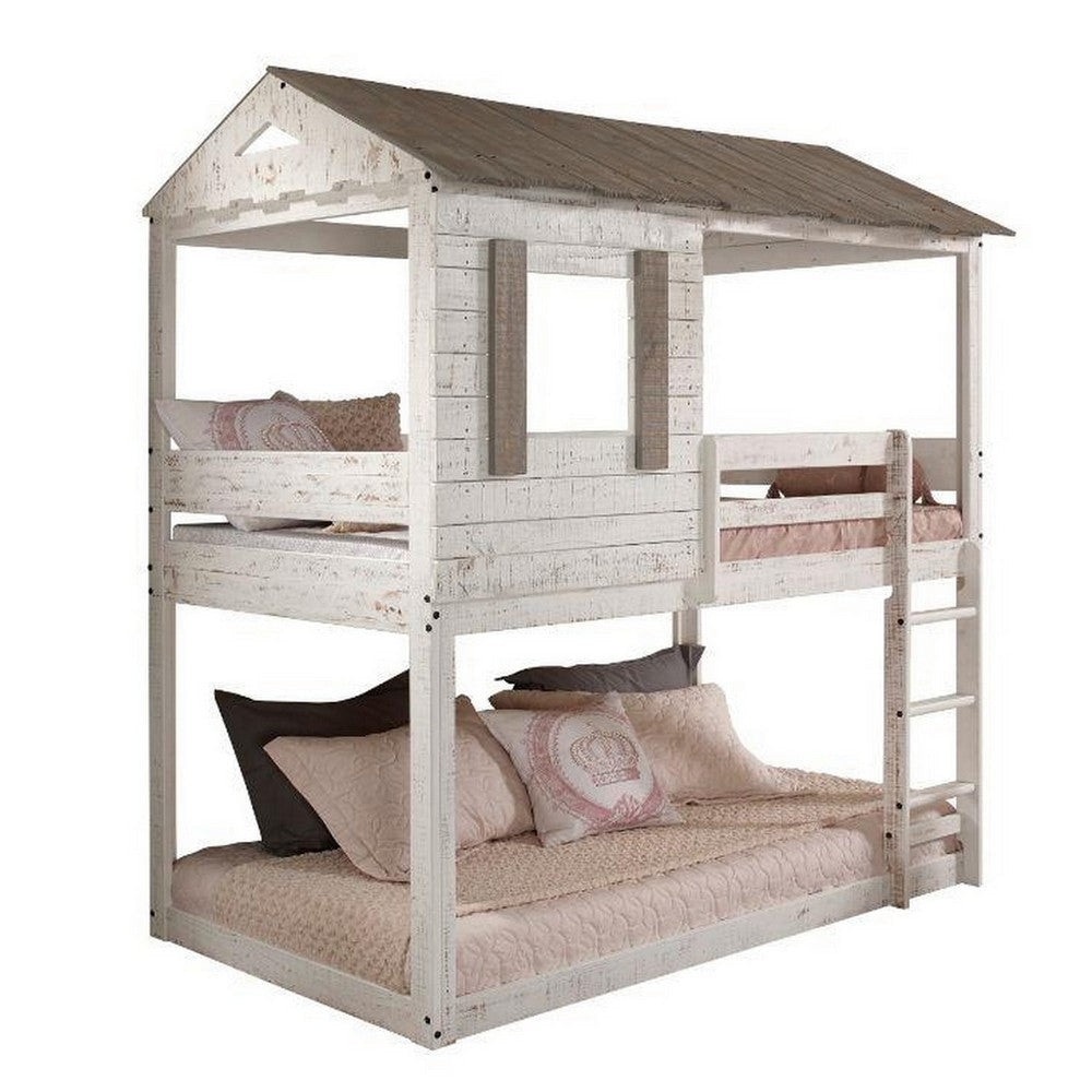 Wooden Twin Bunk Bed with House Design, White and Brown By Casagear Home