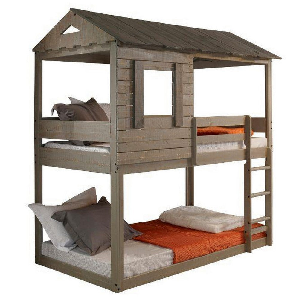 Twin Size Wooden Bunk Bed with House Design, Brown By Casagear Home