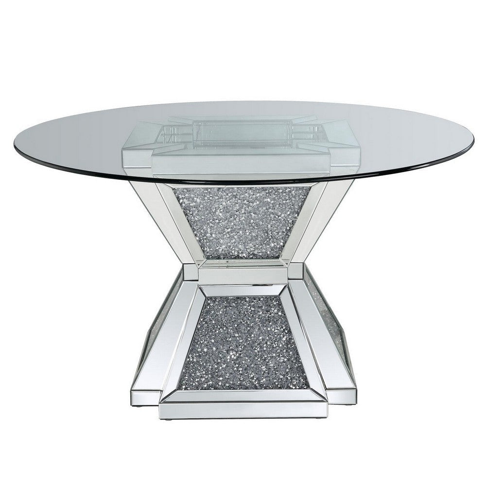 52 Inch Glass Top Dining Table with Pedestal Base, Silver By Casagear Home