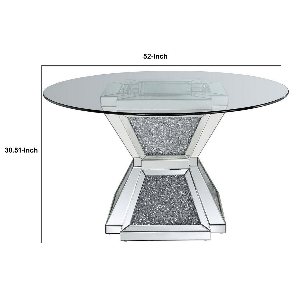 52 Inch Glass Top Dining Table with Pedestal Base Silver By Casagear Home BM235382