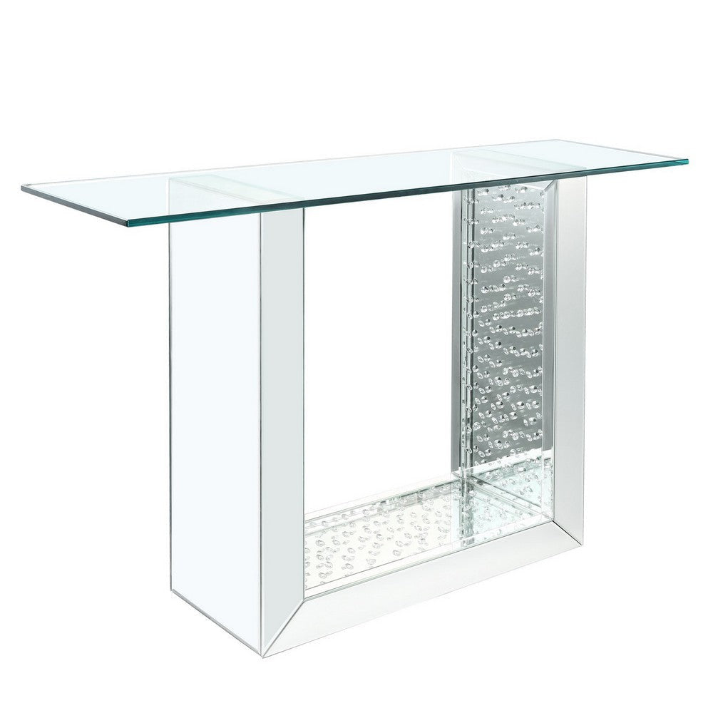 46 Inches Glass Top Console Table with Mirrored Sled Base, Silver By Casagear Home