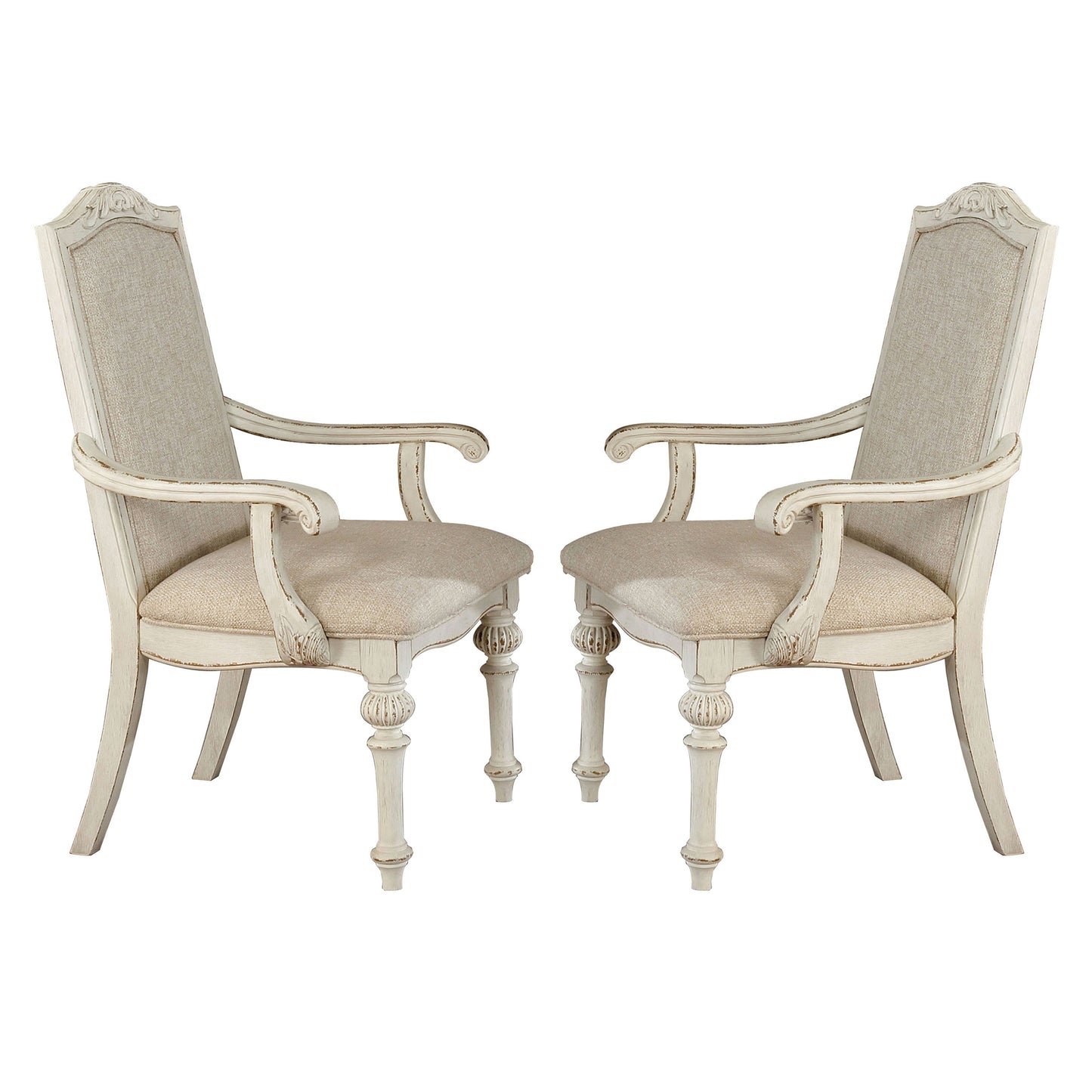 Rustic Wooden Arm Chair with Intricate Carvings Set of 2 Antique White By Casagear Home BM235431