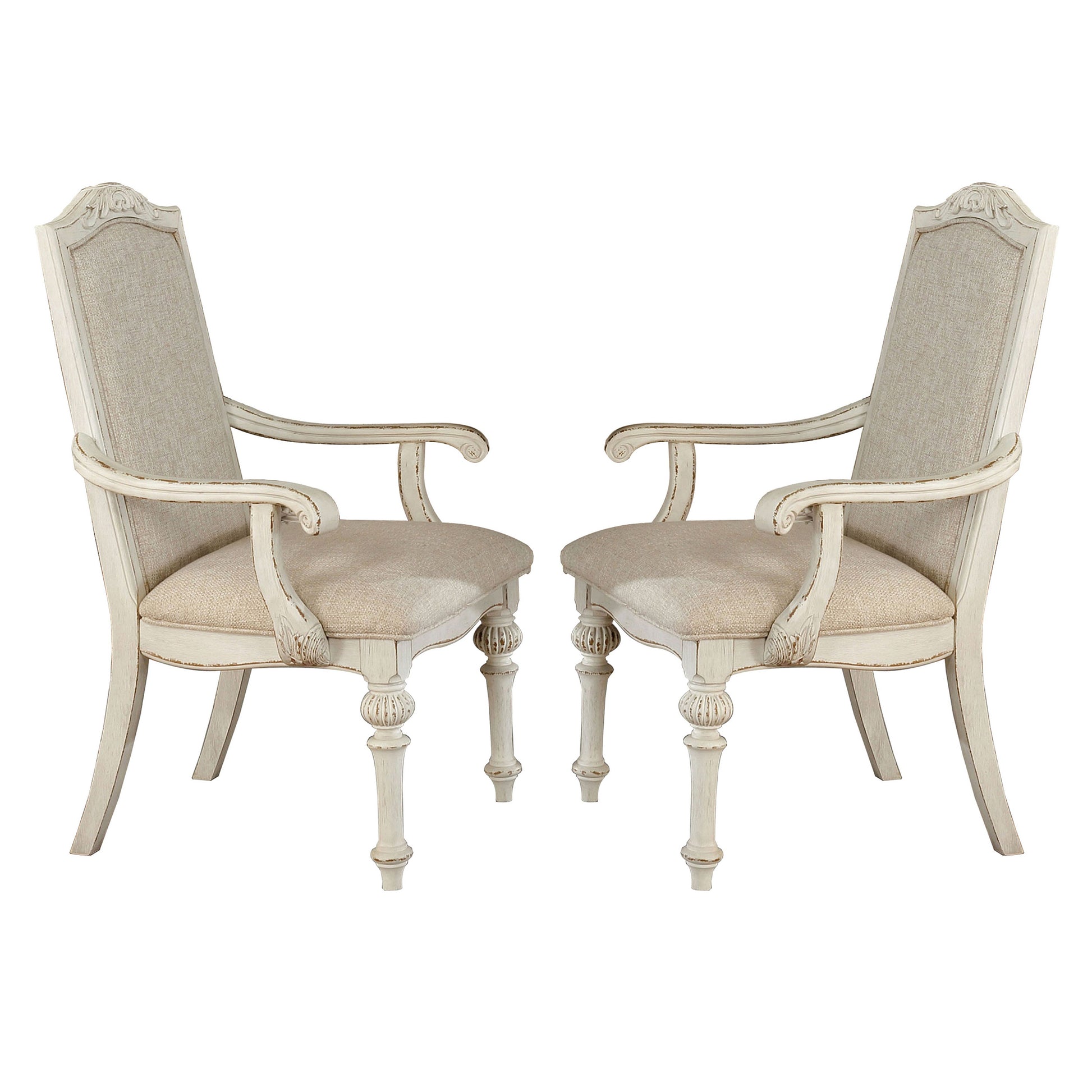 Rustic Wooden Arm Chair with Intricate Carvings Set of 2 Antique White By Casagear Home BM235431