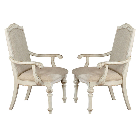 Rustic Wooden Arm Chair with Intricate Carvings Set of 2 Antique White By Casagear Home BM235431