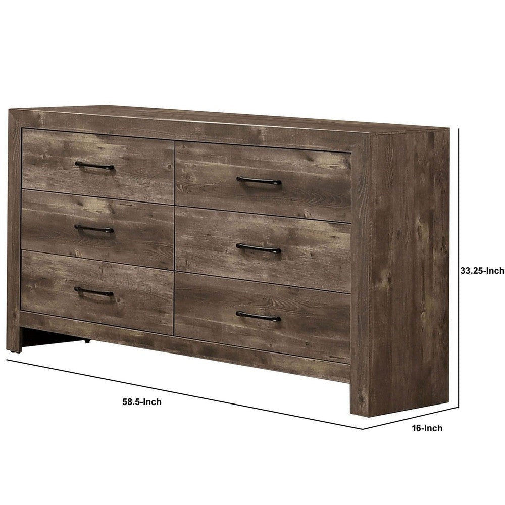 Farmhouse Style 6 Drawer Wooden Dresser with Panel Base Natural Brown By Casagear Home BM235446