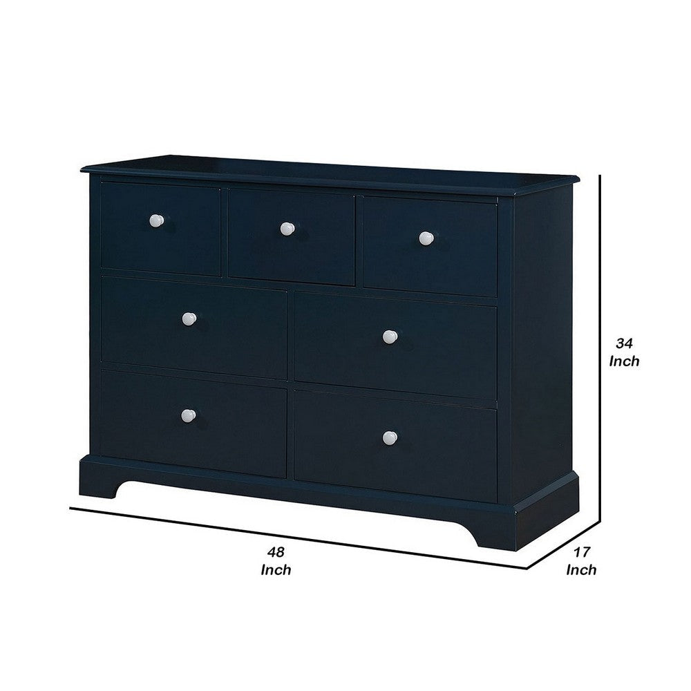 Transitional 7 Drawer Wooden Dresser with Knob Pulls Blue By Casagear Home BM235451