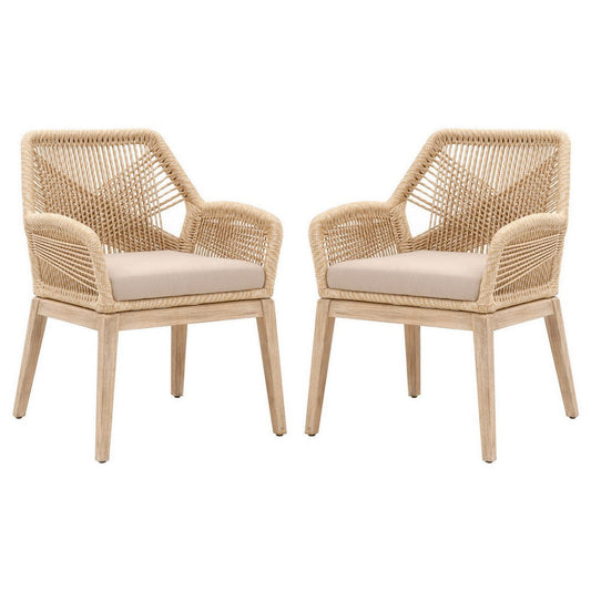 Intricate Rope Weaved Padded Arm Chair, Set of 2, Beige and Brown By Casagear Home