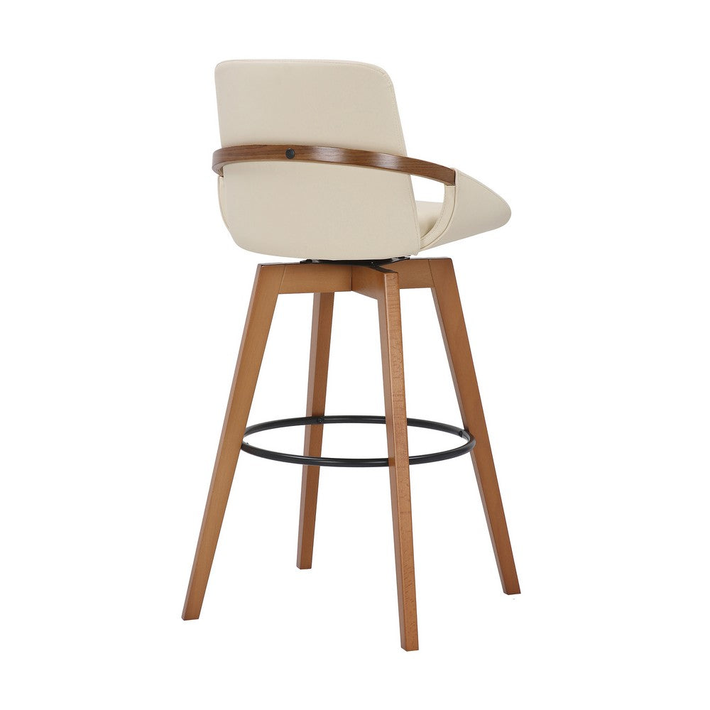 30 Inch Leatherette Swivel Barstool Cream and Walnut By Casagear Home BM236356