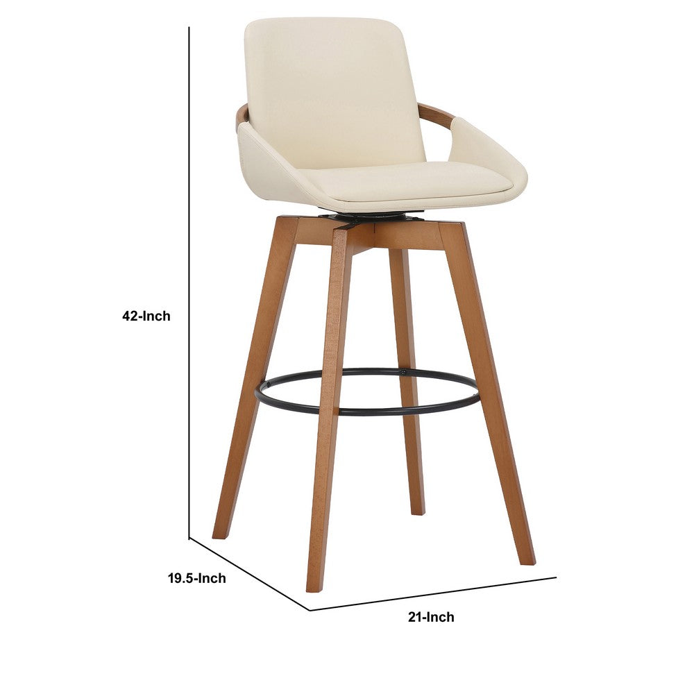 30 Inch Leatherette Swivel Barstool Cream and Walnut By Casagear Home BM236356