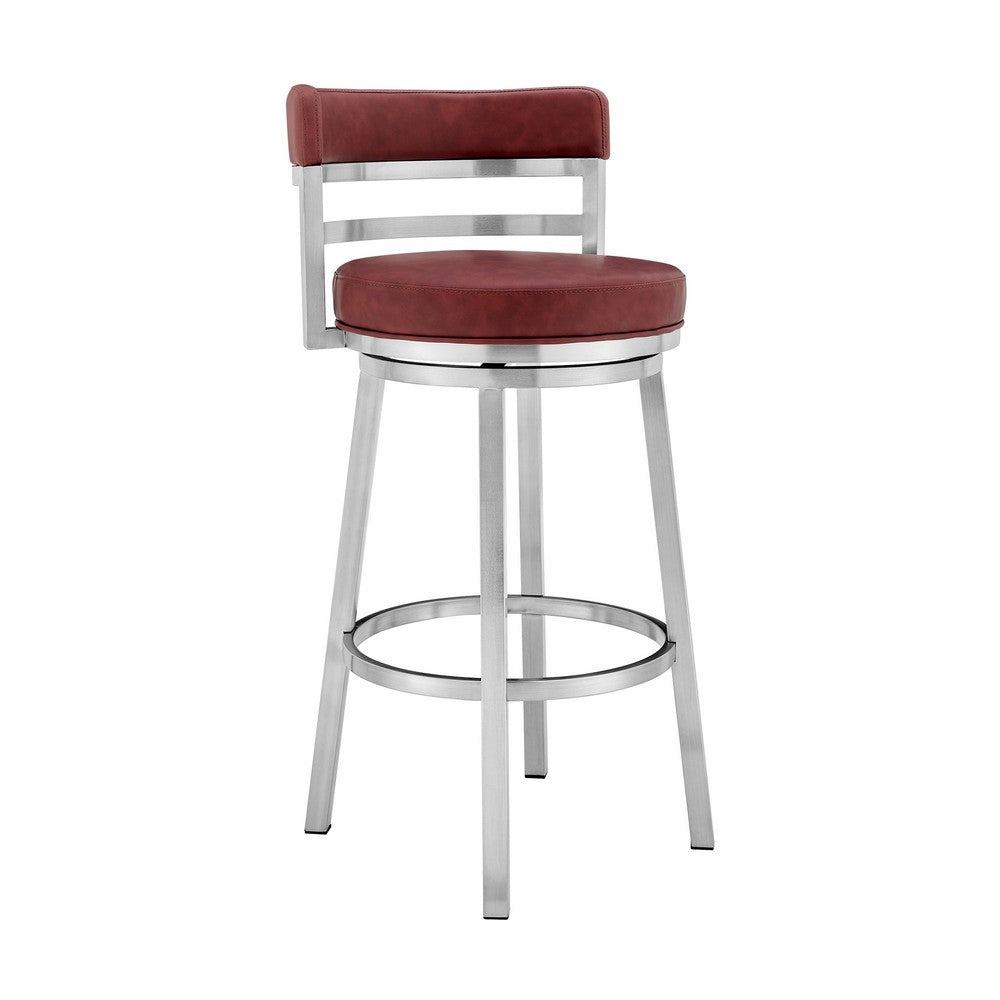 30 Inch Leatherette Counter Height Barstool Silver and Red By Casagear Home BM236762