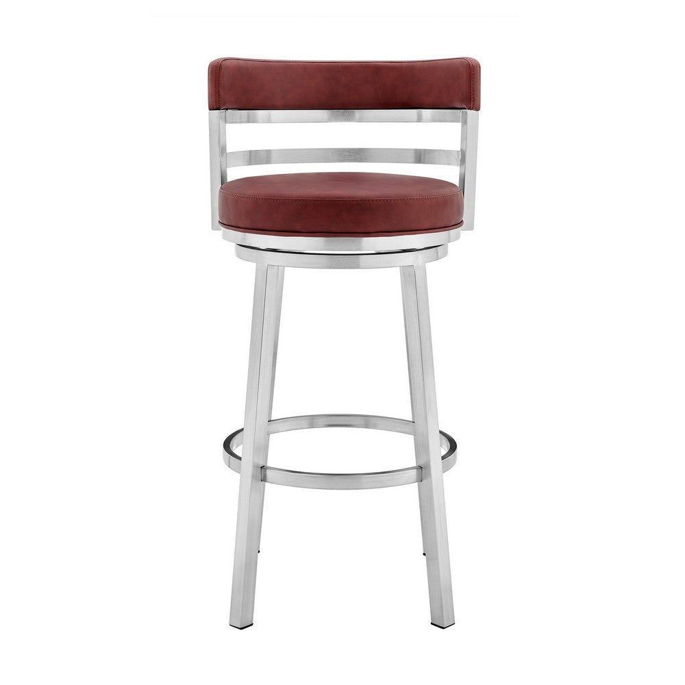 30 Inch Leatherette Counter Height Barstool Silver and Red By Casagear Home BM236762