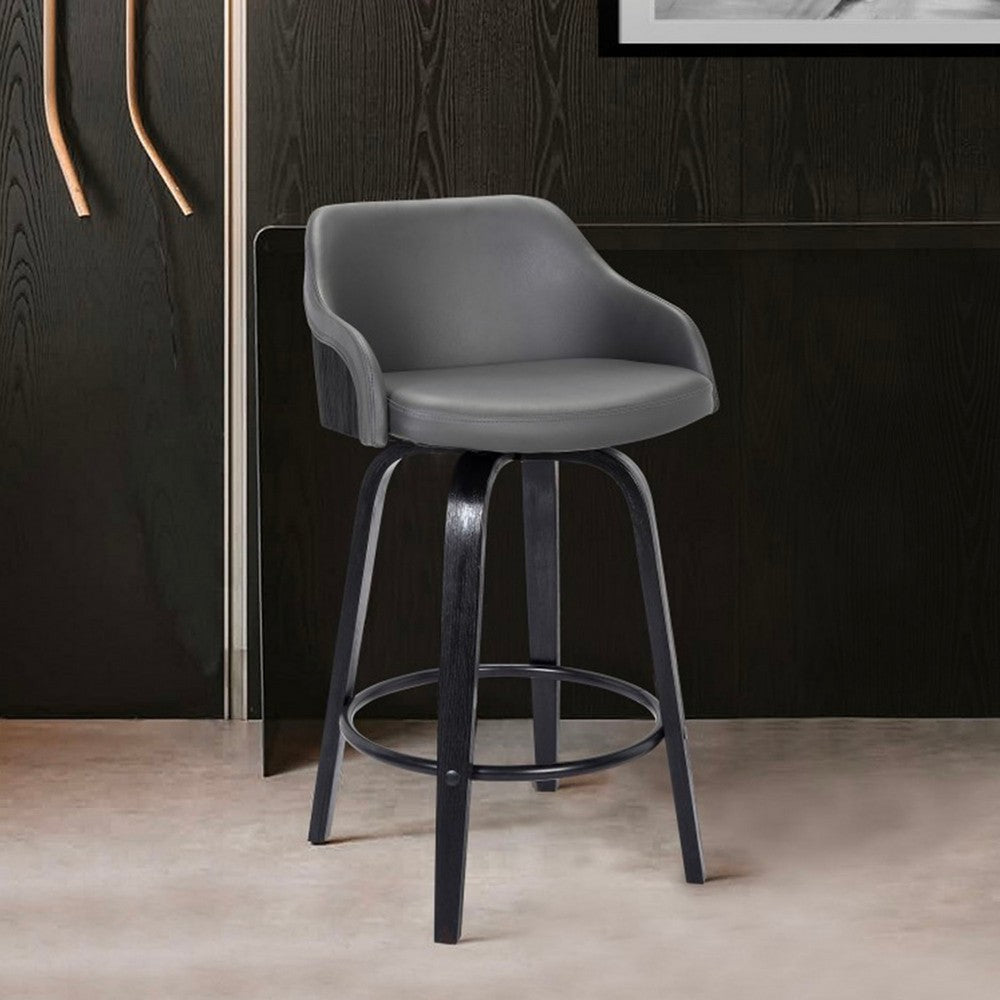 26 Inch Wooden and Leatherette Swivel Barstool Black and Gray By Casagear Home BM236781