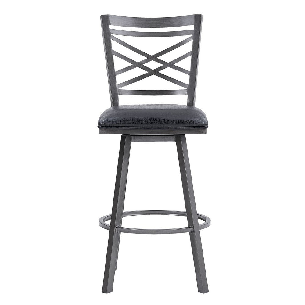 26 Inches Metal Cross Back Counter Barstool with Leatherette Seat Gray By Casagear Home BM236799