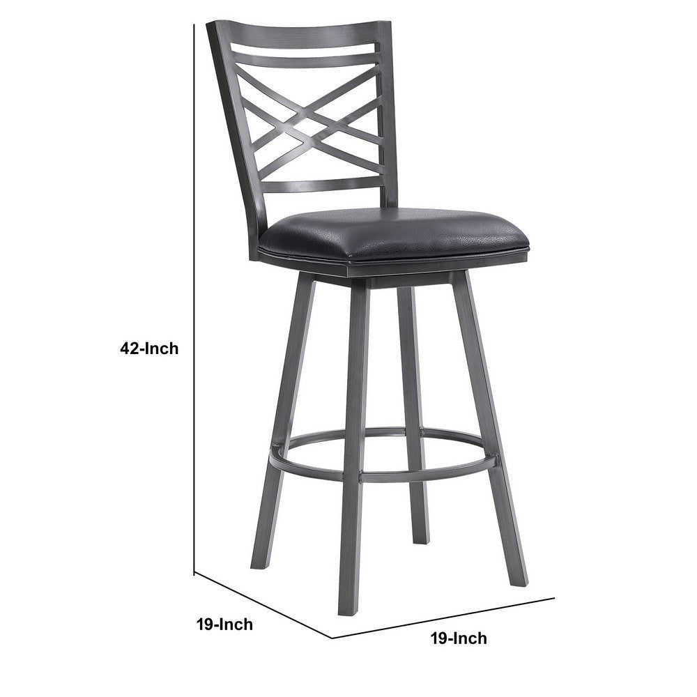 26 Inches Metal Cross Back Counter Barstool with Leatherette Seat Gray By Casagear Home BM236799