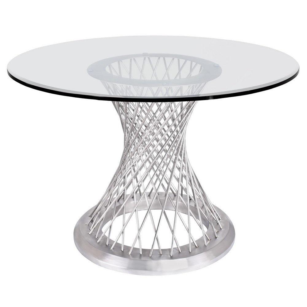 Round Glass Top Dining Table with Metal Mesh Base, Silver By Casagear Home