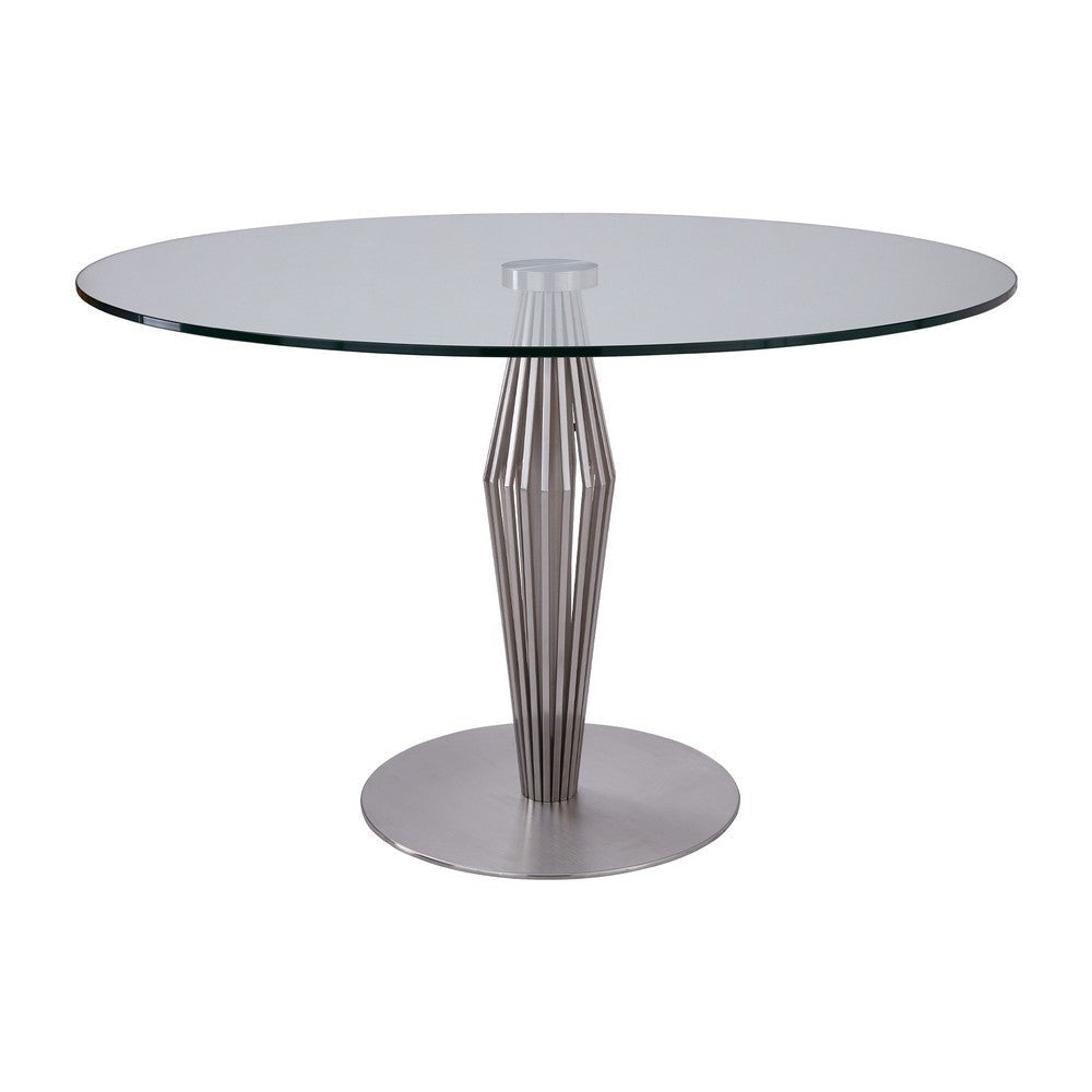 Round Glass Top Dining Table with Geometric Pedestal Base, Silver By Casagear Home