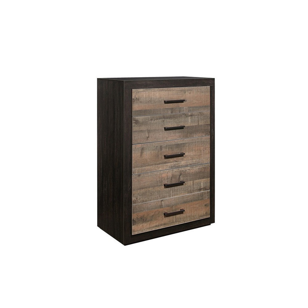 Rustic Style 5 Drawer Wooden Chest with Metal Bar Handles, Brown By Casagear Home