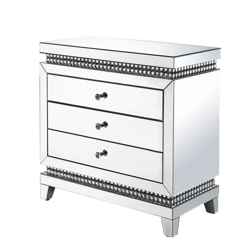 3 Drawer Mirrored Chest with Faux Crystal Inlays, Silver By Casagear Home