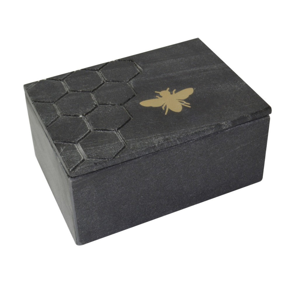 Rectangular Marble Box with Bee Accent and Hexagonal Patten, Black By Casagear Home