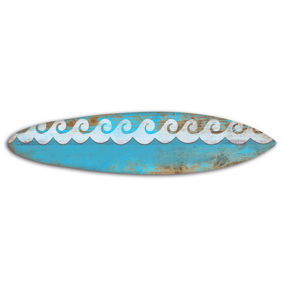 76 Inch Wooden Surfboard Wall Decor with Wave Prints, Blue By Casagear Home