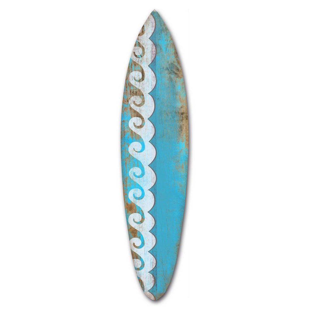 76 Inch Wooden Surfboard Wall Decor with Wave Prints Blue By Casagear Home BM238289