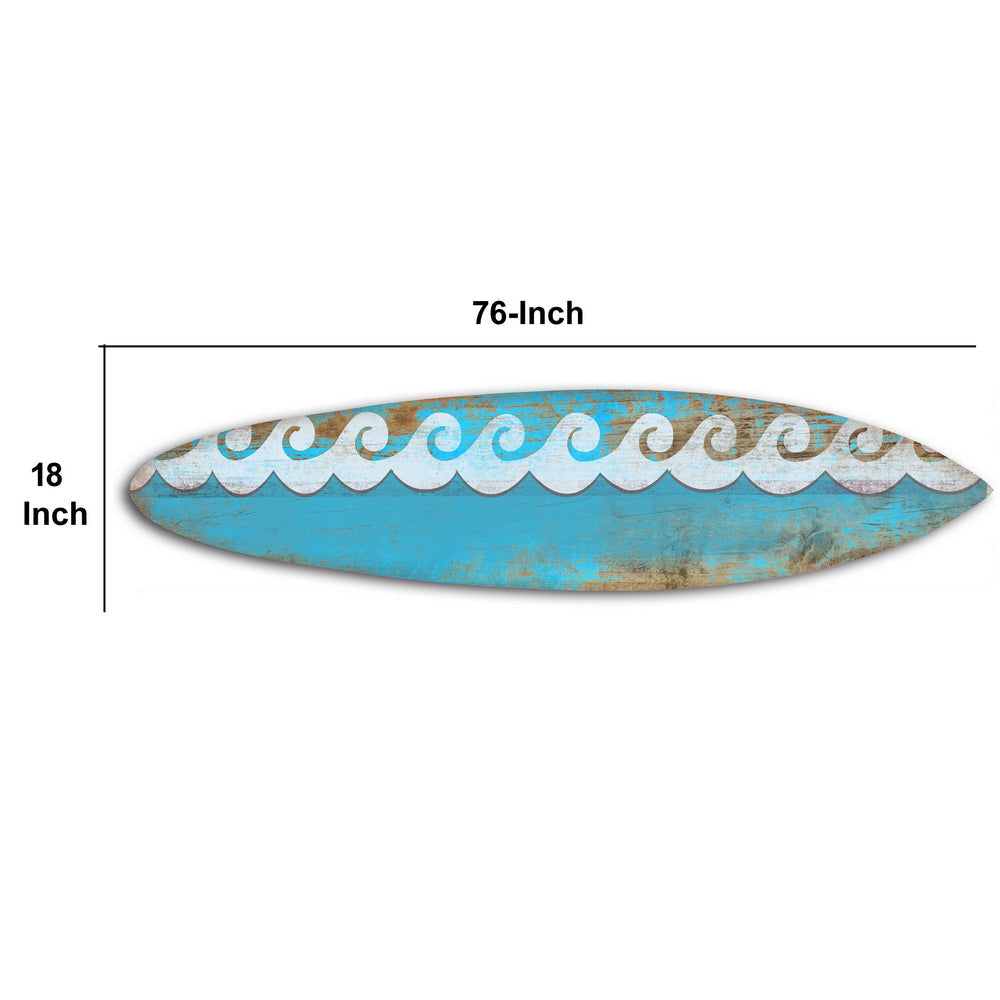 76 Inch Wooden Surfboard Wall Decor with Wave Prints Blue By Casagear Home BM238289